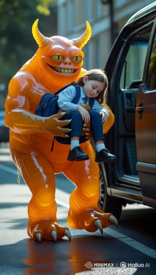 Orange Monster Gently Places Girl in Van in Urban Setting – AI Generated Video | Hailuo AI