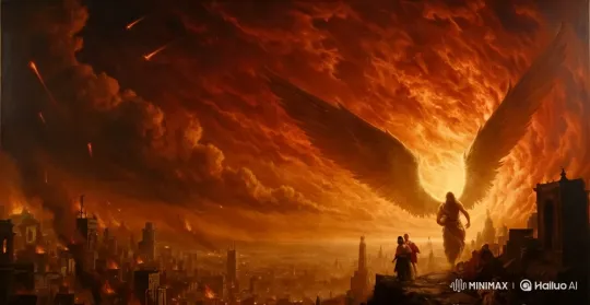 Angel Stands Resilient in Fiery Apocalyptic Cityscape – AI Generated Video | Hailuo AI