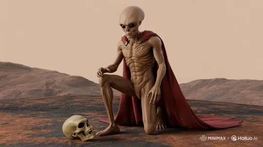 Alien Contemplates and Destroys Human Skull in Desert – AI Generated Video | Hailuo AI