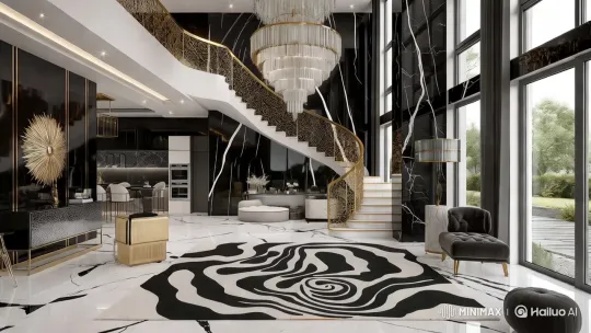 Luxurious Interior Design with Grand Staircase and Modern Kitchen – AI Generated Video | Hailuo AI