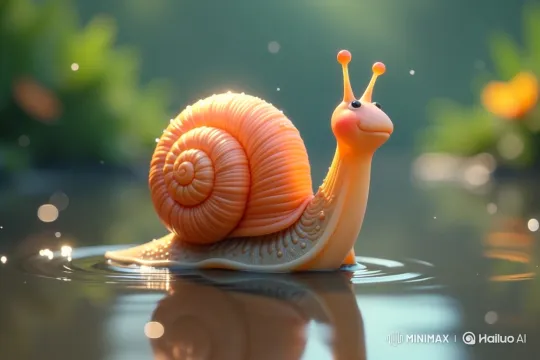 Orange Snail's Peaceful Journey Across Shallow Water – AI Generated Video | Hailuo AI