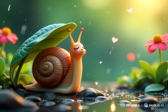 Content Snail Enjoys Gentle Rain in Vibrant Setting – AI Generated Video | Hailuo AI