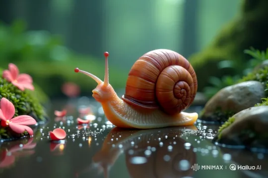 Stylized Orange Snail Glides Through Tranquil Miniature World – AI Generated Video | Hailuo AI