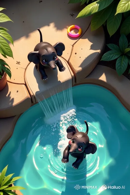 Baby Elephants Play by a Turquoise Pool – AI Generated Video | Hailuo AI