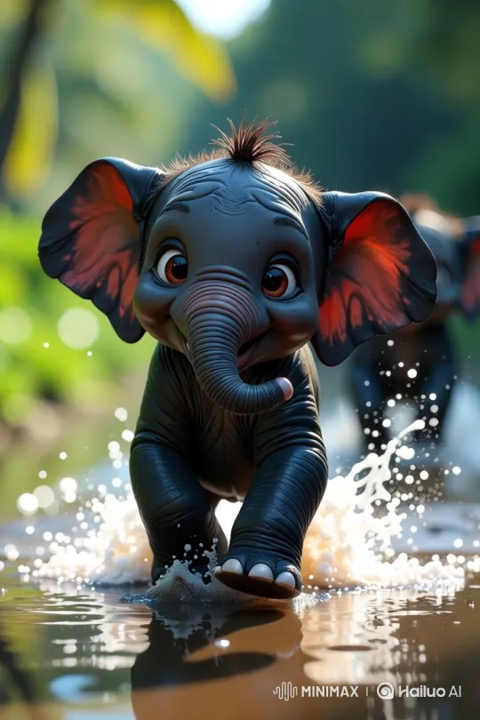 Baby Elephant Playfully Splashes in Jungle with Companion – AI Generated Video | Hailuo AI