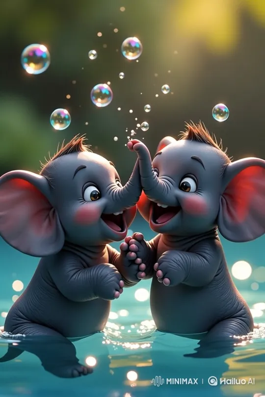 Baby Elephants Play with Bubbles in Peaceful Water Scene – AI Generated Video | Hailuo AI