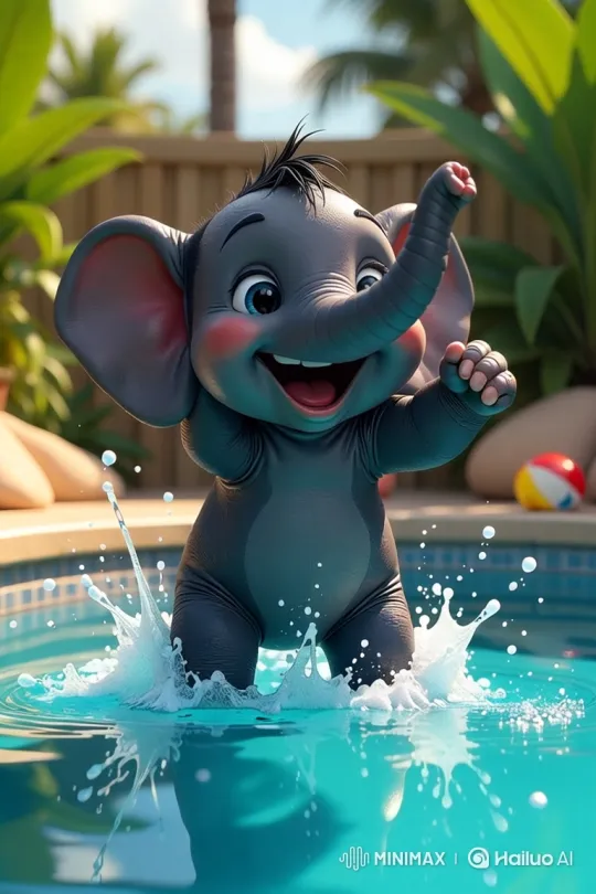 Baby Elephant Joyfully Splashes in Swimming Pool – AI Generated Video | Hailuo AI
