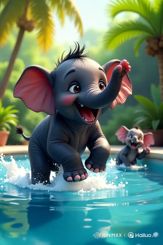 Baby Elephants Joyfully Play in a Swimming Pool – AI Generated Video | Hailuo AI
