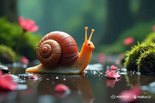 Orange Snail's Whimsical Journey Through a Flowery Puddle – AI Generated Video | Hailuo AI