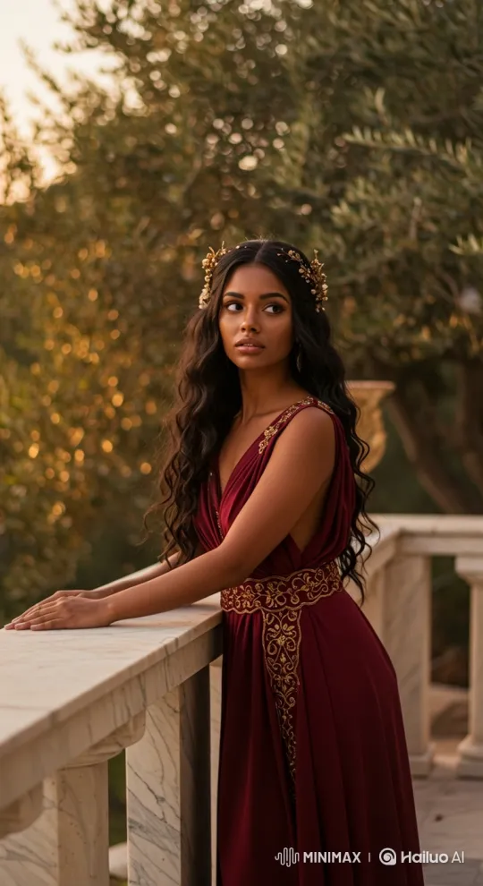 Determination and Grace: A Woman in Crimson on a Marble Balcony – AI Generated Video | Hailuo AI