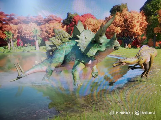Gentle Interaction Between Two Dinosaurs at a Forest Lake – AI Generated Video | Hailuo AI