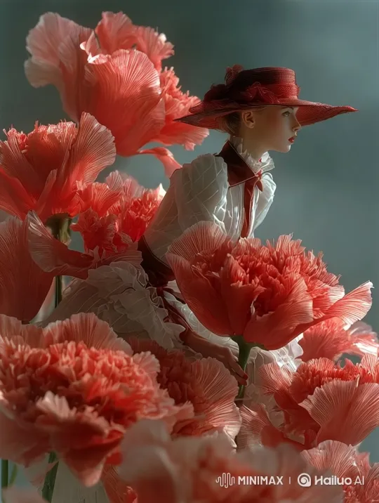 Woman Transforms into Flower-Colored Dress Amidst Blooms – AI Generated Video | Hailuo AI