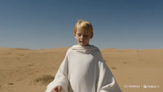Blond Boy Summons Falling Spaceship in Desert Scene – AI Generated Video | Hailuo AI