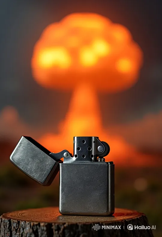 Contrast of Scale: Metallic Lighter and Mushroom Cloud – AI Generated Video | Hailuo AI