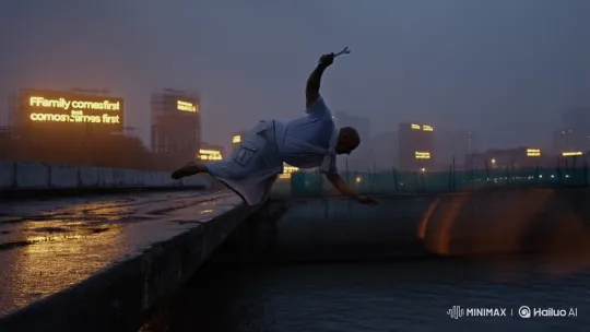 Vin Diesel's Dramatic Dive with Wrench at Dusk – AI Generated Video | Hailuo AI