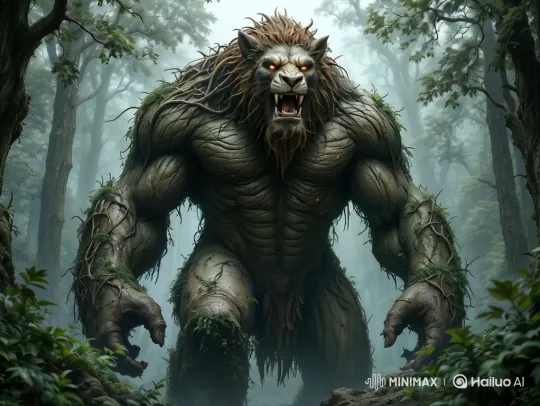 Colossal Lion-Headed Beast Roars and Leaps in Ancient Forest – AI Generated Video | Hailuo AI