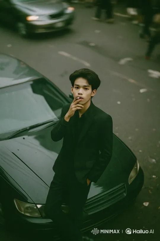 Stylish Man in All-Black Suit Smokes on Car Hood – AI Generated Video | Hailuo AI