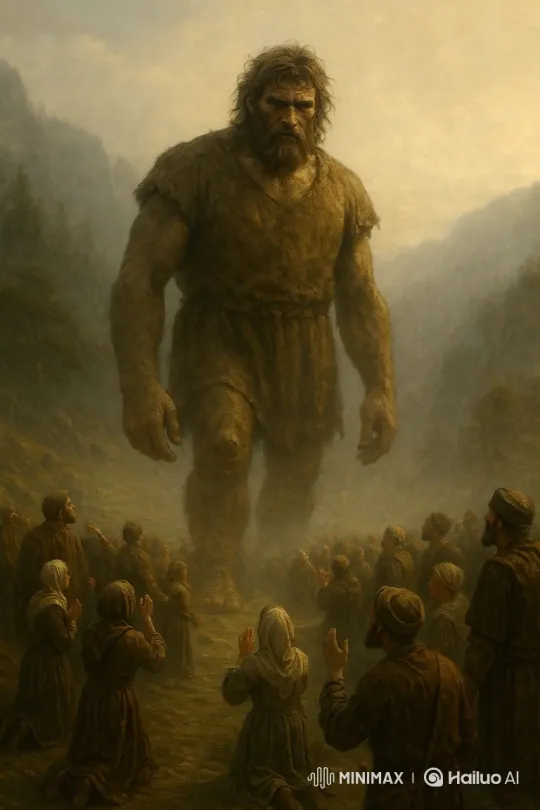 Colossal Giant Approaches Fearful Crowd in Mythic Landscape – AI Generated Video | Hailuo AI