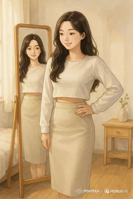 Young Woman Appreciates Her Elegant Look in Bedroom Mirror – AI Generated Video | Hailuo AI