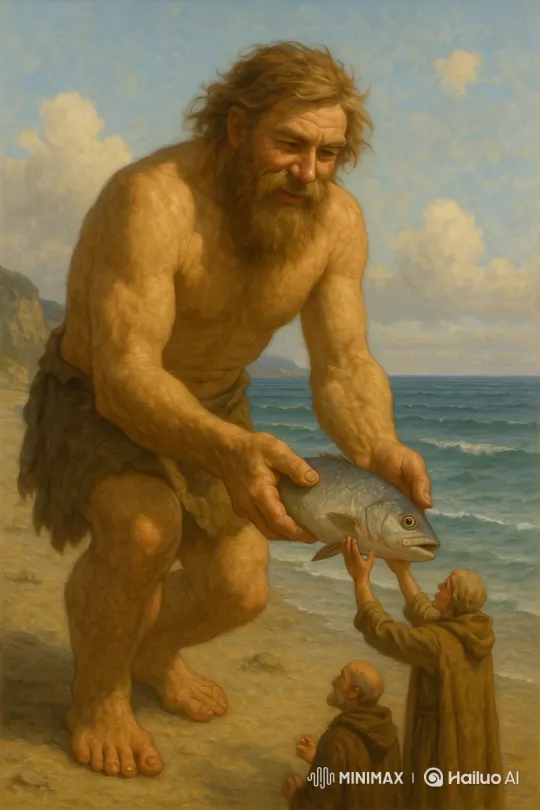 Giant Kindly Offers Fish to Monks on Shore – AI Generated Video | Hailuo AI