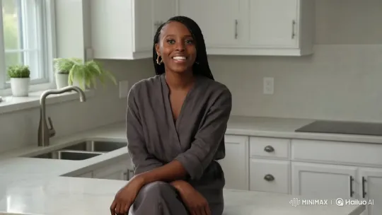 Young Woman Engages Viewers in a Modern Kitchen Setting – AI Generated Video | Hailuo AI