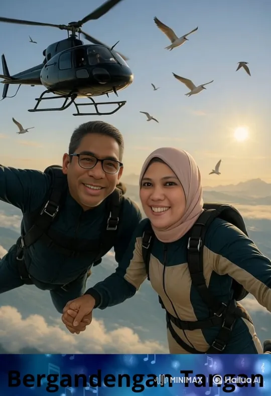 Skydiving Couple Holds Hands in Golden-Hour Flight – AI Generated Video | Hailuo AI