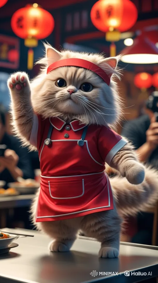 Fluffy Cat Chef Dances in Red Lantern Restaurant – AI Generated Video | Hailuo AI