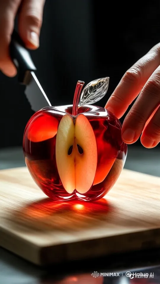 Artisanal Craftsmanship: Slicing a Crystal Apple – AI Generated Video | Hailuo AI