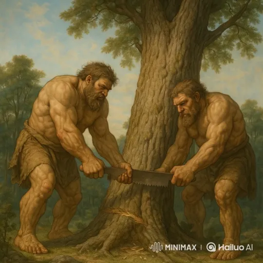 Two Men Sawing Through a Tree With Rhythmic Effort – AI Generated Video | Hailuo AI