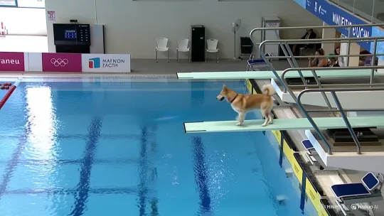 Athletic Dog Performs Acrobatic Dive at Indoor Pool – AI Generated Video | Hailuo AI
