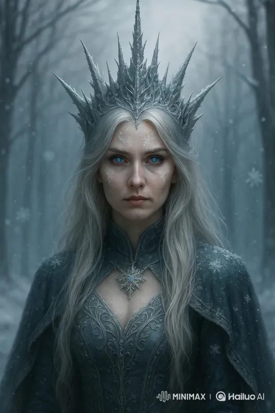 Ice Queen in a Snowy Forest with Regal Poise – AI Generated Video | Hailuo AI