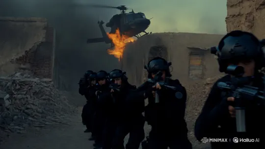 Elite Operatives Advance Through Smoky War-Torn Alley – AI Generated Video | Hailuo AI