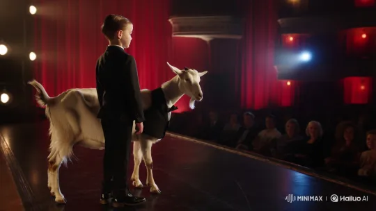 Formal Suit Performance: Boy and Goat Bow on Stage – AI Generated Video | Hailuo AI