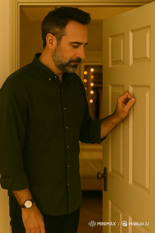 Middle-Aged Man Seeks Silent Permission to Enter Bedroom – AI Generated Video | Hailuo AI