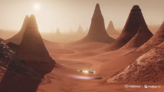 Martian Mag-Rail Racer Glides Through Dune Pillars – AI Generated Video | Hailuo AI