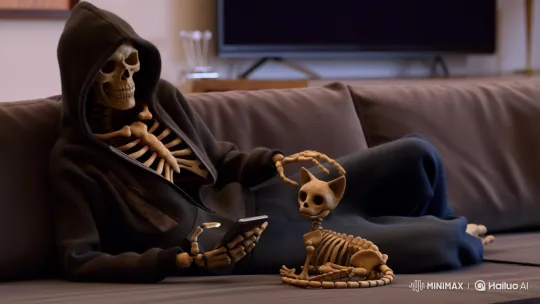 Skeleton Pets Skeleton Cat on Couch – AI Generated Video | Hailuo AI