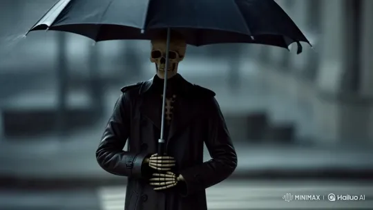 Skeleton Repurposes Inverted Umbrella to Collect Rain – AI Generated Video | Hailuo AI