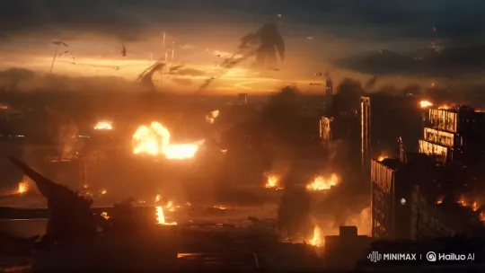Futuristic Nighttime War: Humans vs. Robots with Giant Kaiju – AI Generated Video | Hailuo AI