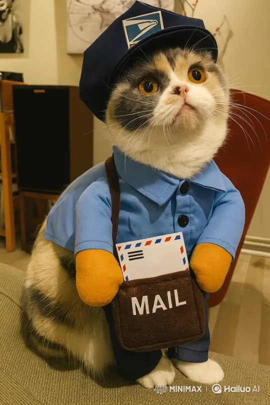 Adorable Calico Cat in Mail Carrier Costume – AI Generated Video | Hailuo AI