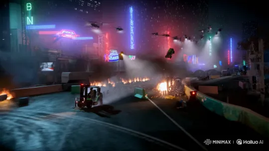 Forklifts Race in Neon-Lit Night Cityscape – AI Generated Video | Hailuo AI