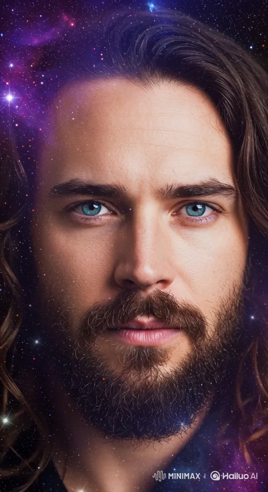 Man with Piercing Eyes Amidst Cosmic Background – AI Generated Video | Hailuo AI