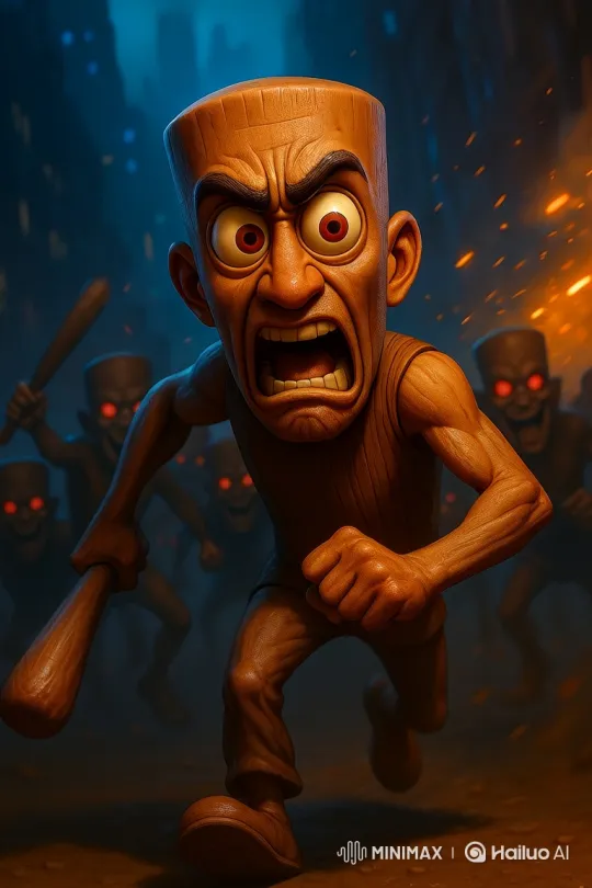 Wooden Character Fights Red-Eyed Clones in Intense Battle – AI Generated Video | Hailuo AI