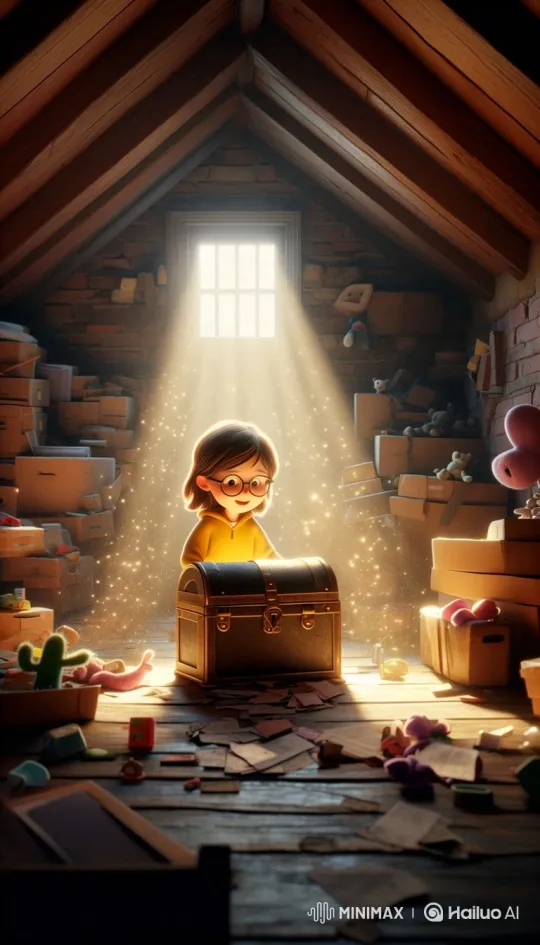 Young Girl Discovers Magical Glow in Dusty Attic Chest – AI Generated Video | Hailuo AI