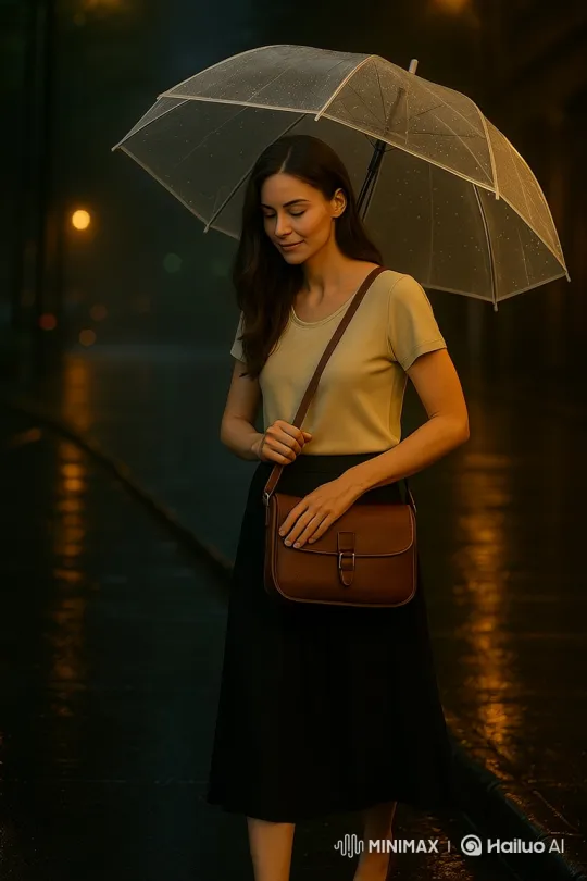 Young Woman Explores City Streets in Rainy Night – AI Generated Video | Hailuo AI