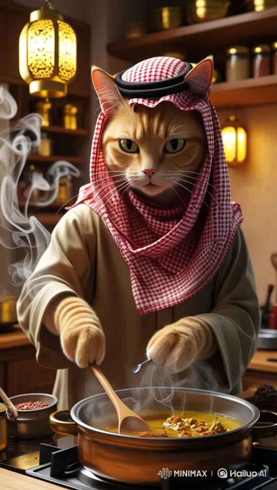 Anthropomorphic Cat Preparing a Stew in a Cozy Kitchen – AI Generated Video | Hailuo AI