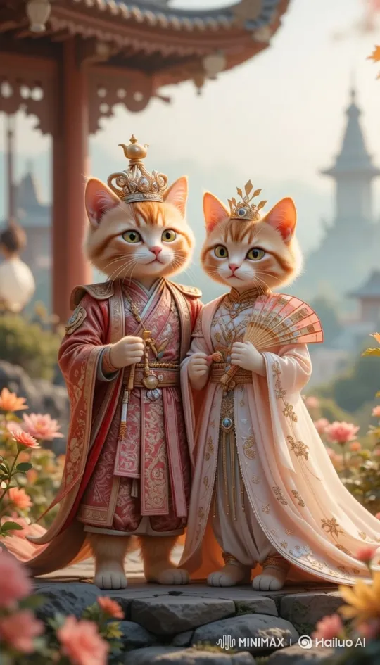 Royal Ginger Cats Share Intimate Moment in Serene Garden – AI Generated Video | Hailuo AI