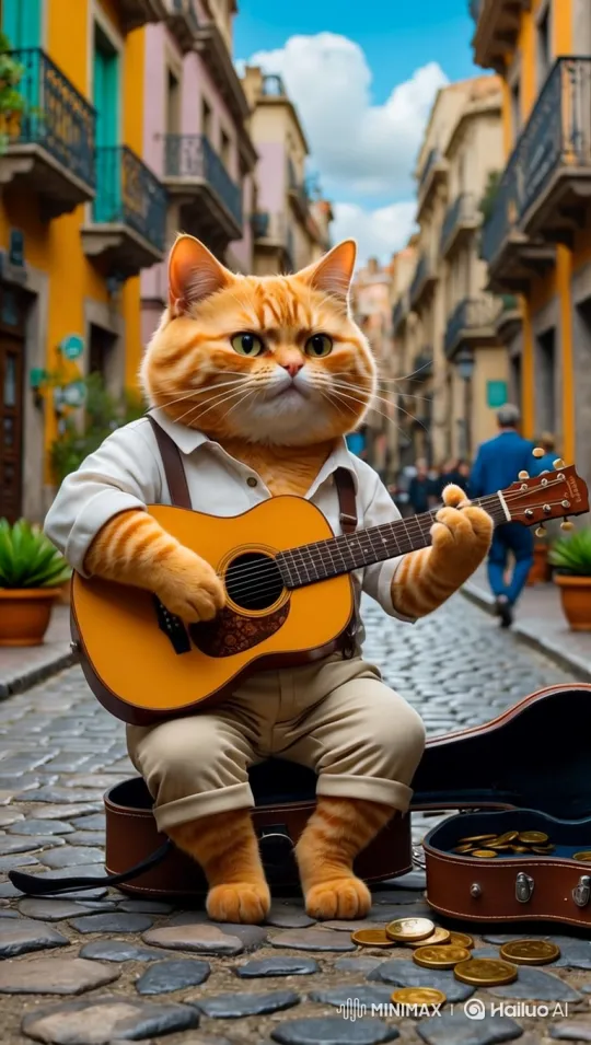 Ginger Cat Street Performer with Guitar on Cobblestones – AI Generated Video | Hailuo AI