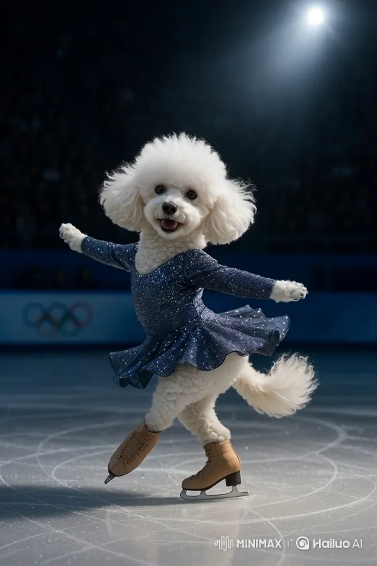 White Poodle Gracefully Skates in Olympic Arena – AI Generated Video | Hailuo AI