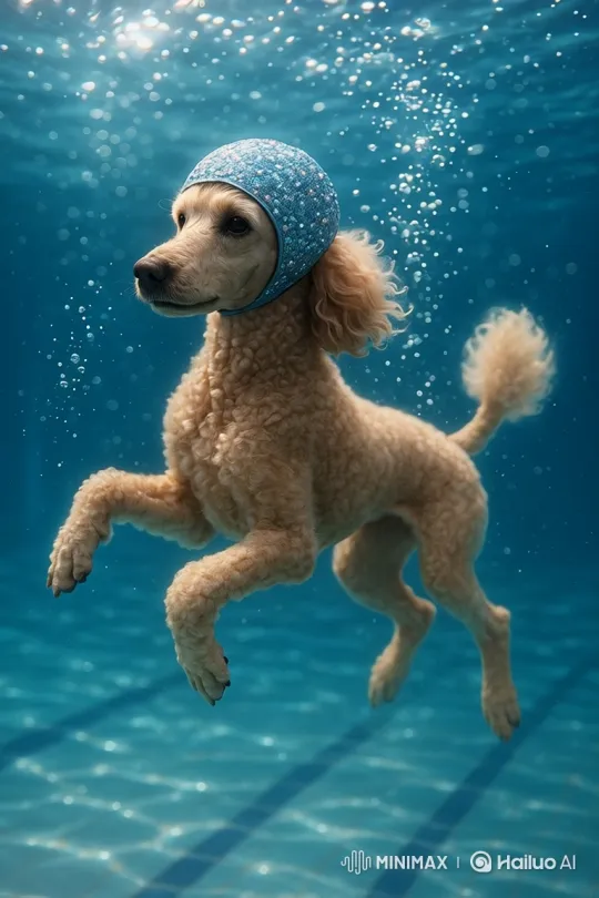 Graceful Poodle Performs Elegant Swim in Sparkling Pool – AI Generated Video | Hailuo AI