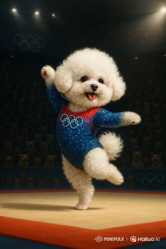 Adorable Bichon Frise Dog Performs Gymnastics at Canine Olympics – AI Generated Video | Hailuo AI